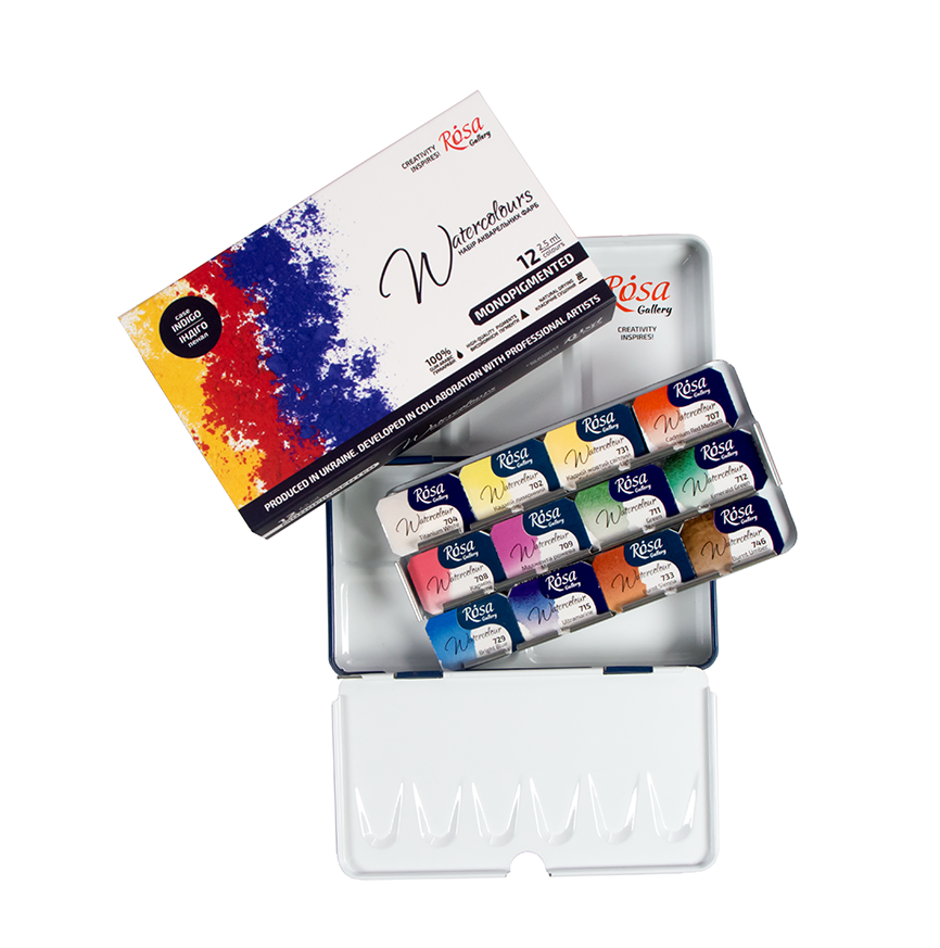 Watercolour Paints Monopigmented 12 Asst. Colours Full Pans Indigo Metal Case
