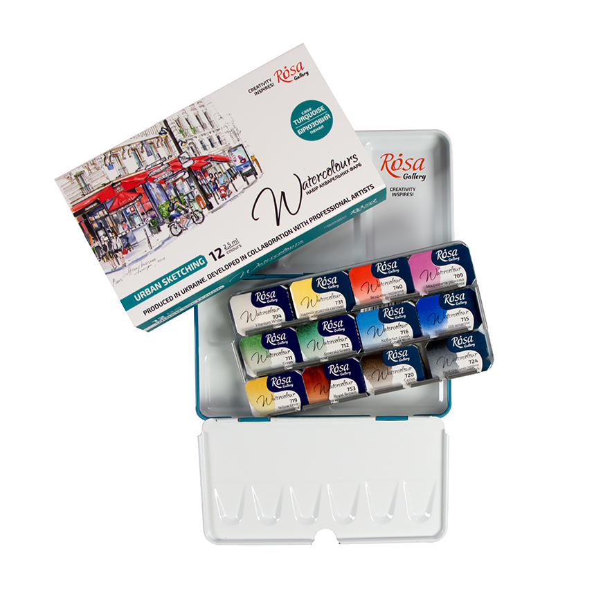 Watercolour Paints Urban Sketching 12 Asst. Colours Full Pans Turquoise Metal Case