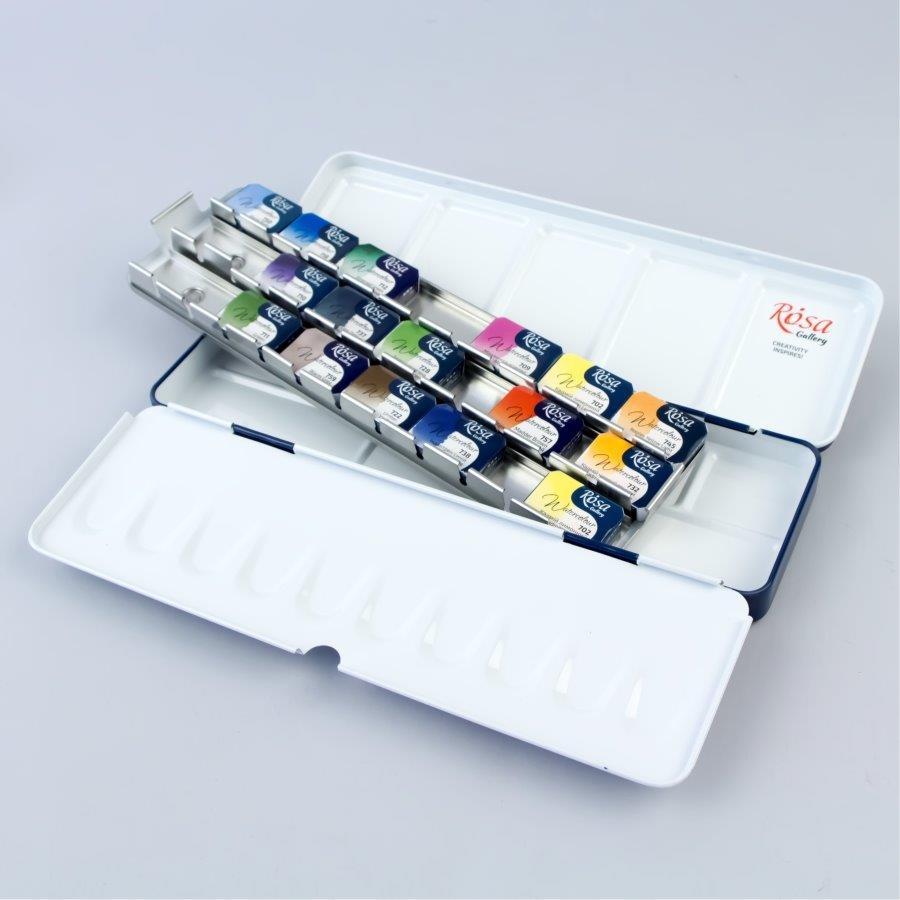 Rosa Watercolour Paints Classic 21 Asst. Colours Full Pans Turquoise Metal Case