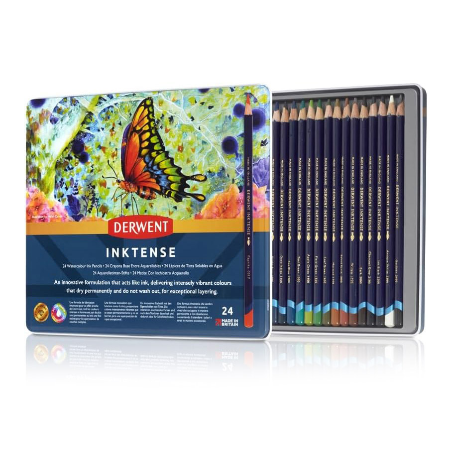 A tin of 24 Derwent Inktense pencils