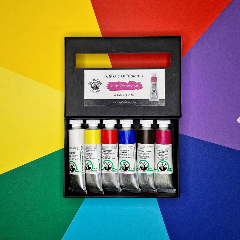 The Oil Colour Introduction Set on a colourful bac